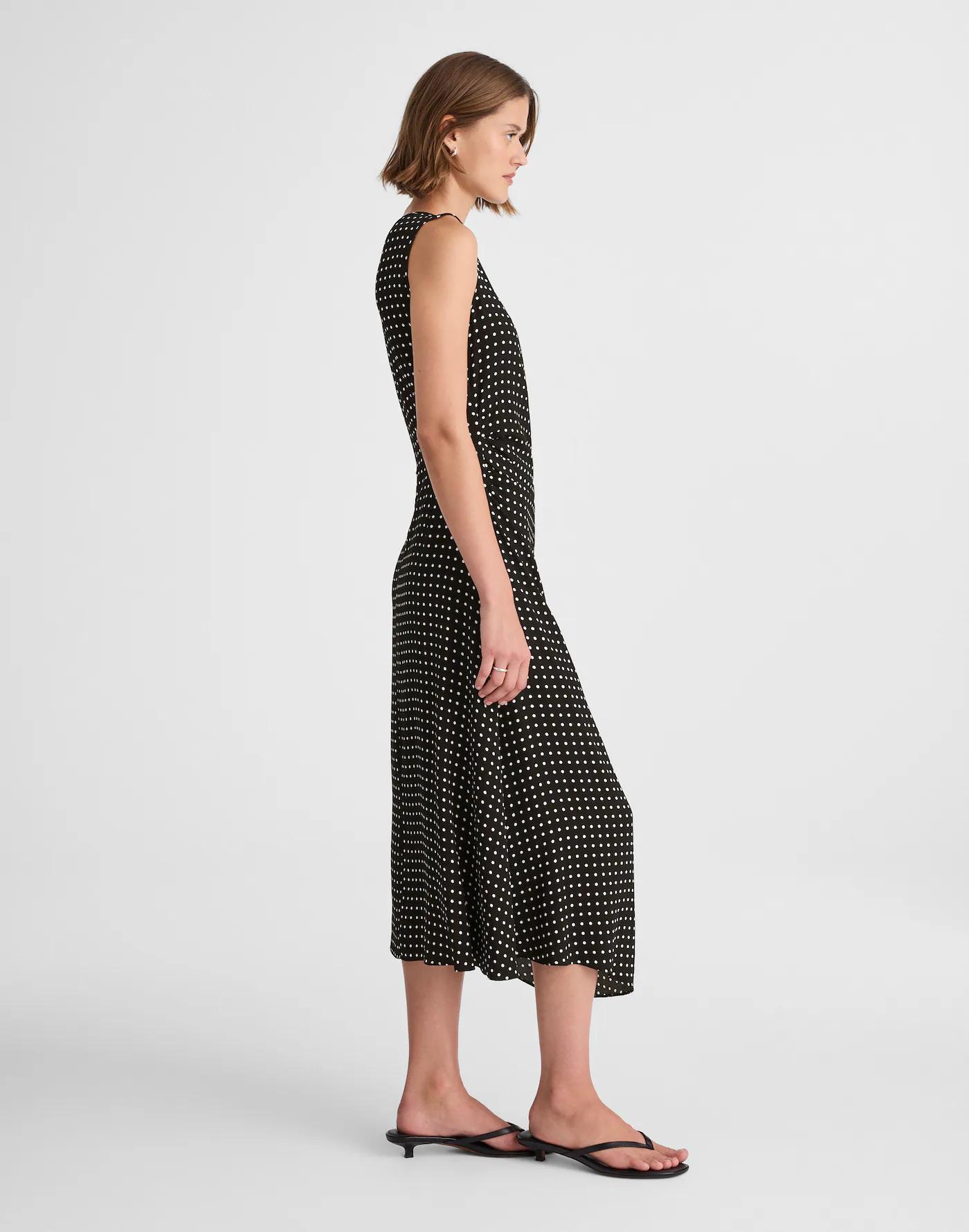 Asymmetrical Ruched Midi Dress in Dot Product Image