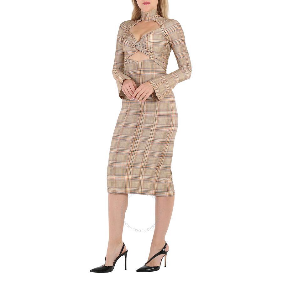 BURBERRY Ladies Dark Honey Cut-out Checked Midi Dress In Yellow Product Image