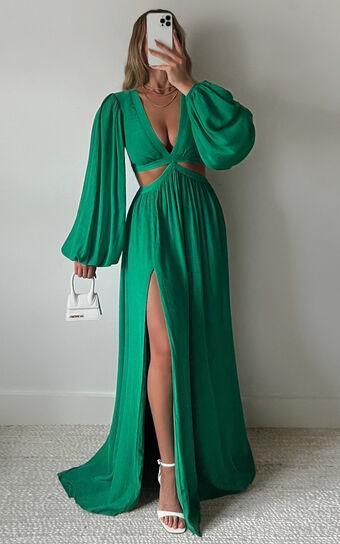 Paige Maxi Dress - Side Cut Out Balloon Sleeve Dress in Green Product Image