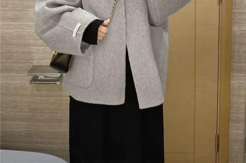 Maternity U-Neck Button-Up Plain Jacket / Long-Sleeve Mock Neck Maxi A-Line Dress Product Image