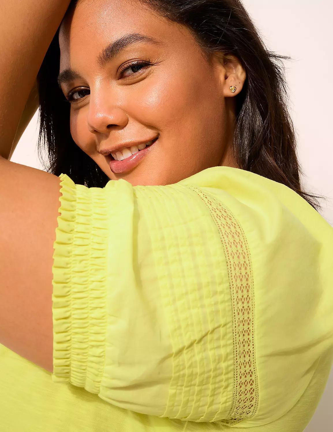 Woven & Knit Puff-Sleeve Notch-Neck Top Product Image