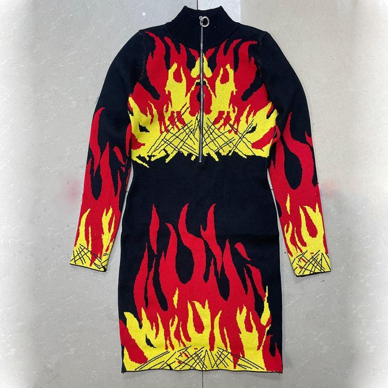 Long-Sleeve Stand Collar Flame Print Half-Zip Mini Sheath Knit Dress Product Image