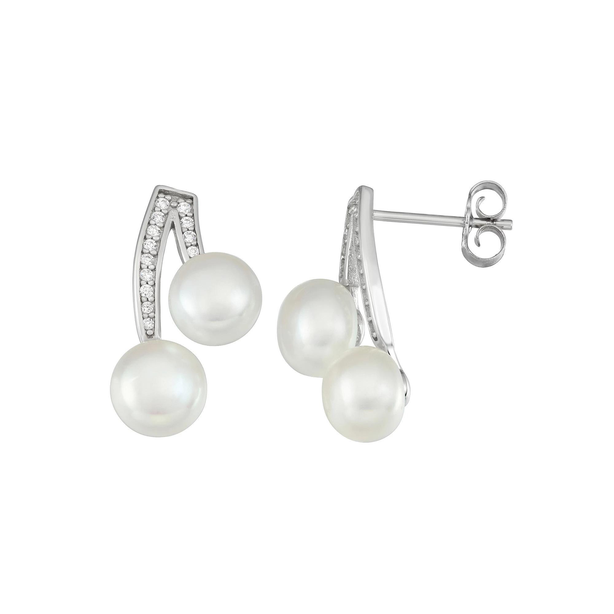 Sterling Silver Freshwater Cultured Pearl Cubic Zirconia Double Drop Earrings, Women's Product Image