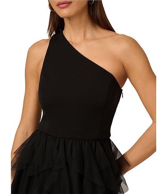 Adrianna by Adrianna Papell Crepe Knit One Shoulder Sleeveless Ruffle Mesh A-Line Gown Product Image