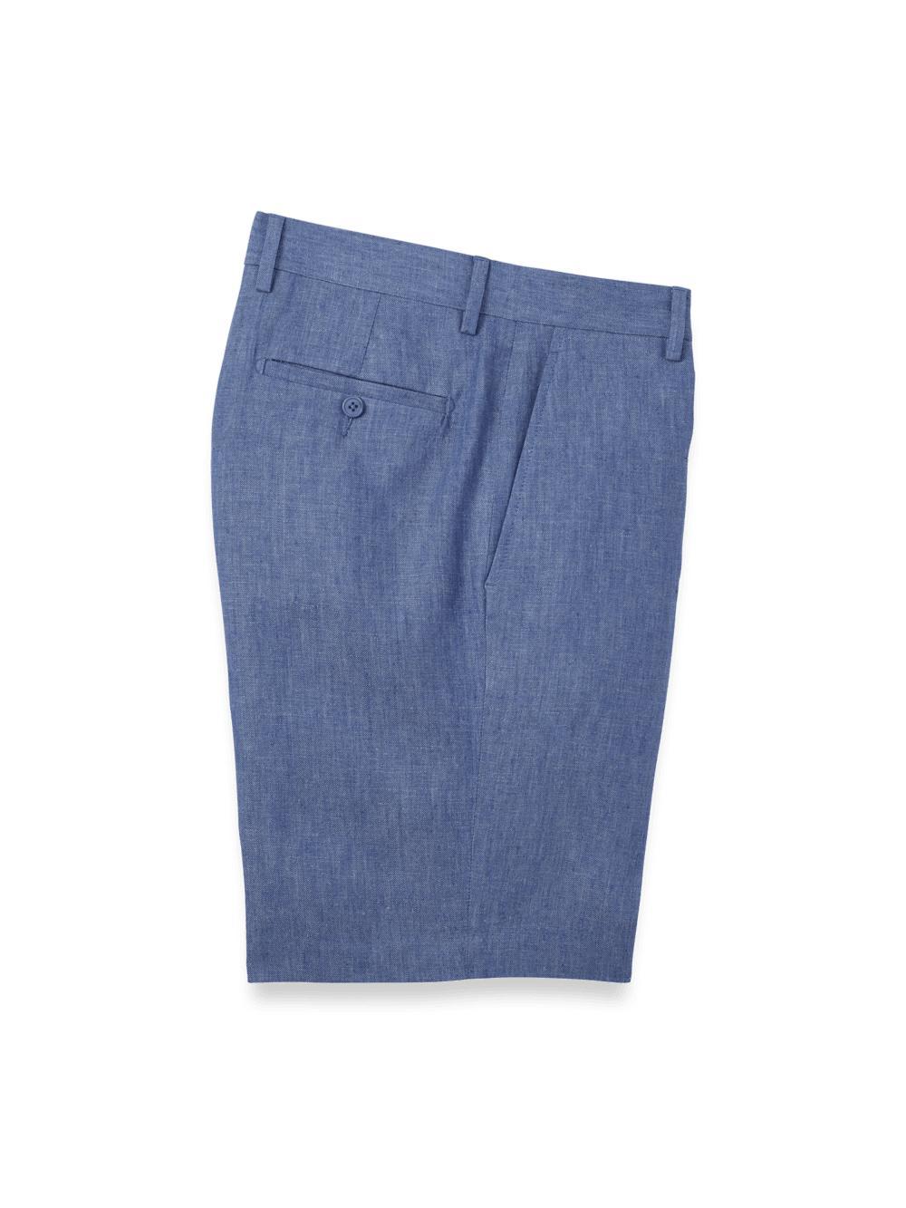 Linen Chambray Twill Flat Front Shorts - Blue Product Image