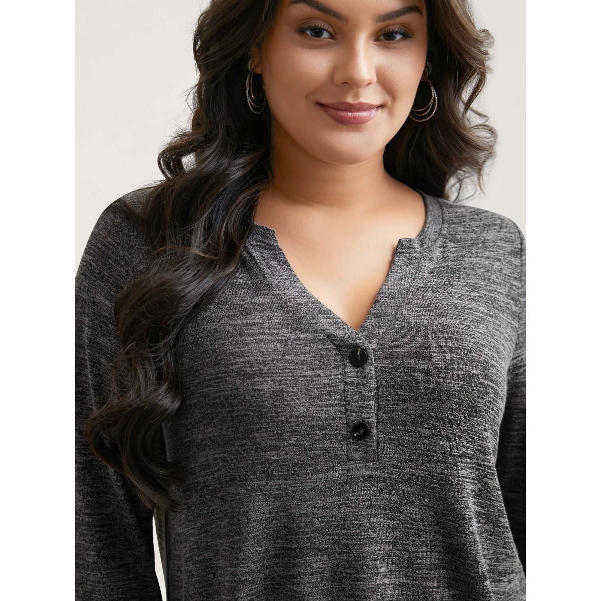 Plus Size Heather Textured Button-Front Fitted T-Shirt DimGray Women Casual Button Notched collar Bodycon Everyday T-shirts BloomChic 10/M Product Image