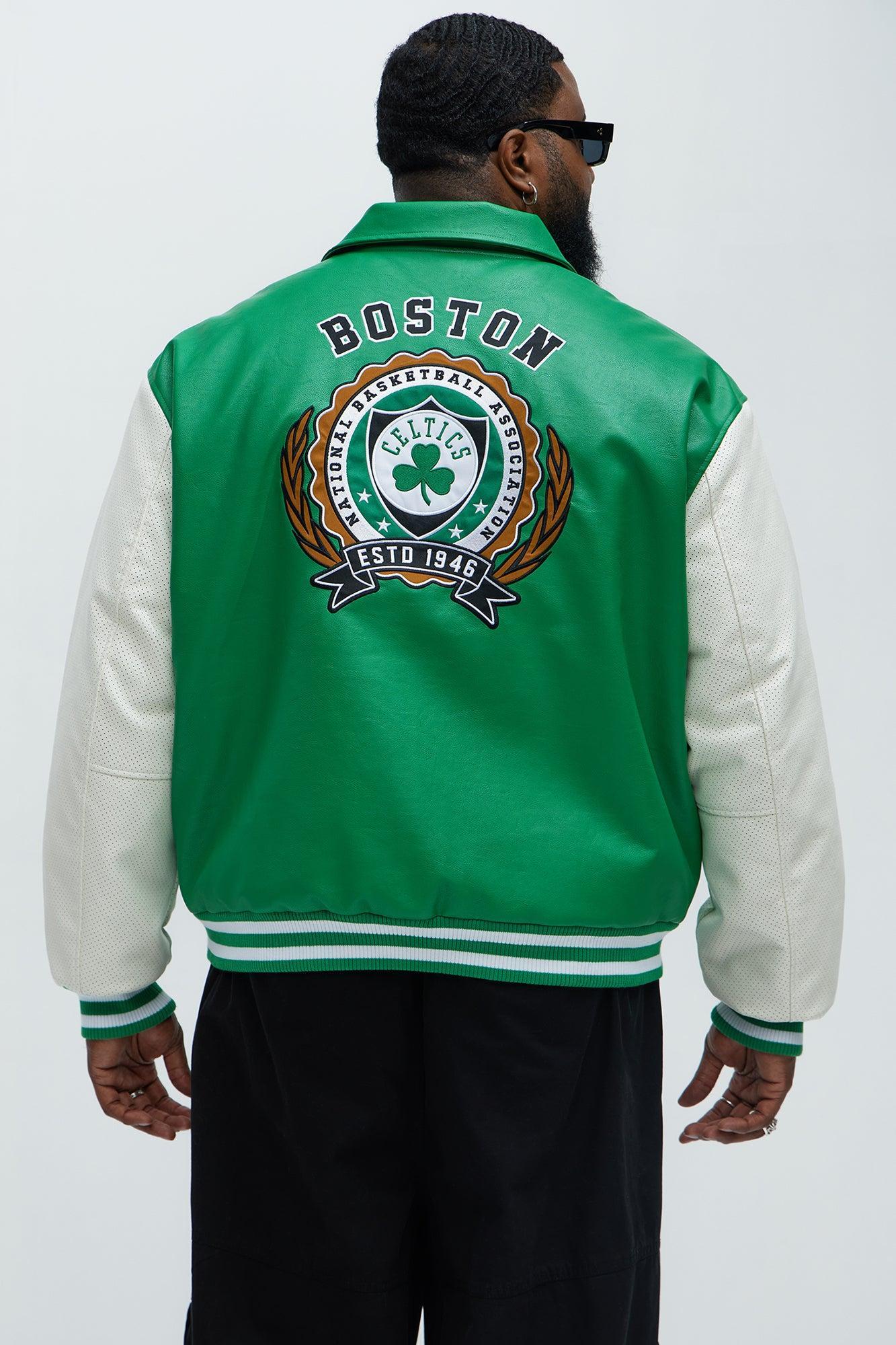 Celtics Top Dawg Faux Leather Collared Varsity Jacket - Kelly Green Product Image