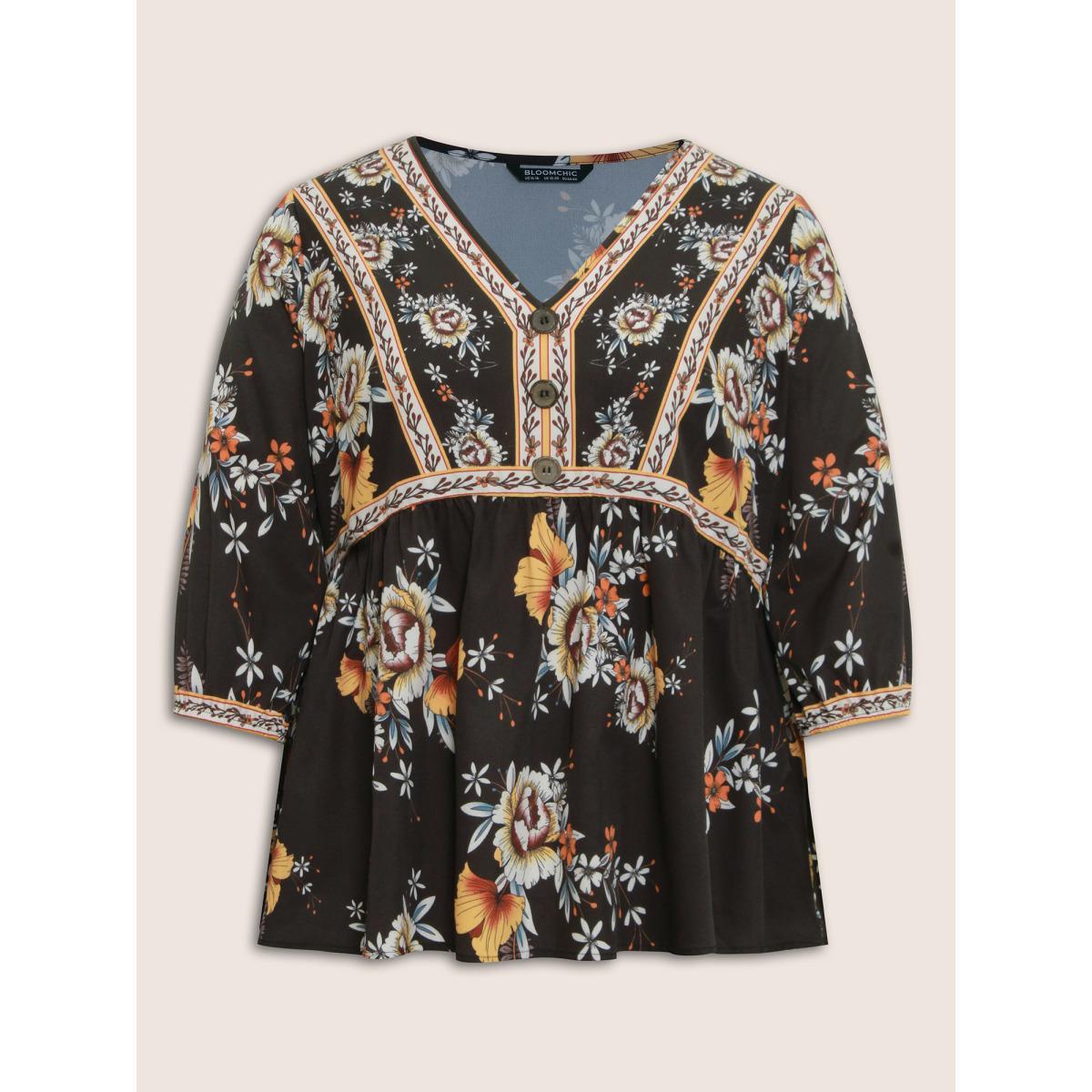 Plus Size Black Boho Print V Neck Button Detail Gathered Blouse Women Vacation Elbow-length sleeve V-neck Vacation Blouses BloomChic 30/6X Product Image