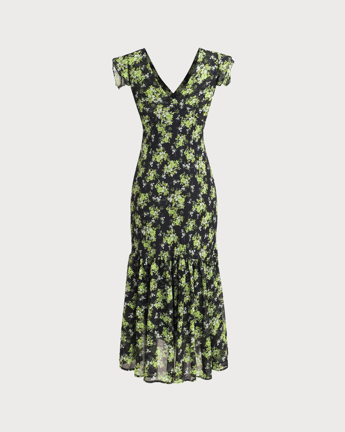 Black Floral V Neck Ruffle Midi Dress Product Image