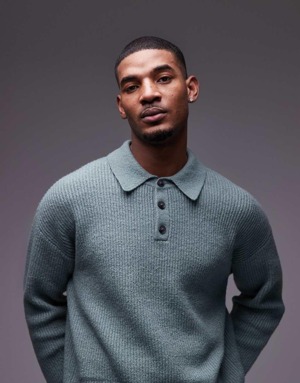 Topman relaxed fit compact knit polo sweater in sage Product Image
