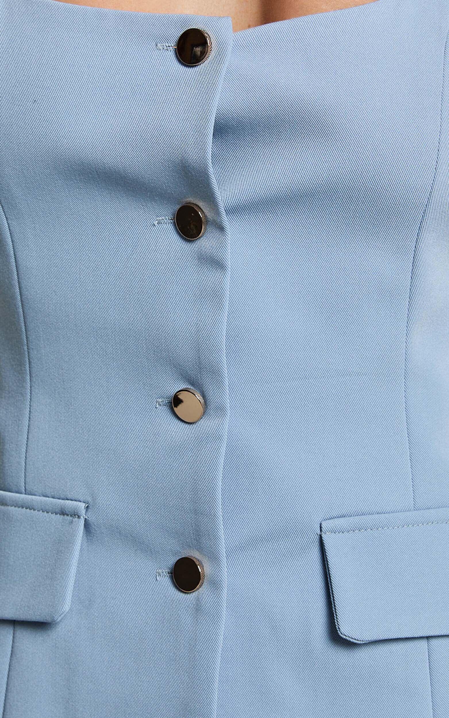 Phyllis Two Piece Set - Tailored Scoop Neck Vest Top and A Line Mini Skirt Set with Gold Buttons in Blue Product Image