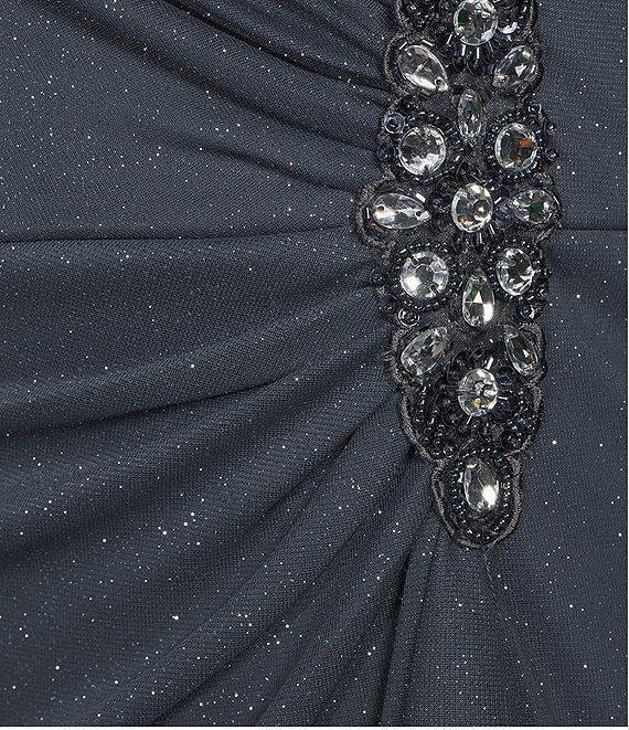 Alex Evenings Petite Size Glitter Mesh V-Neck Embellished Ruched Waist 3/4 Sleeve Gown Product Image