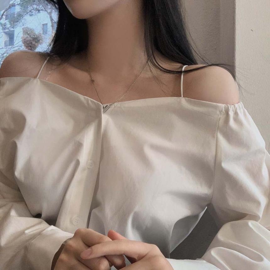 Long Sleeve Cold Shoulder Plain Blouse Product Image