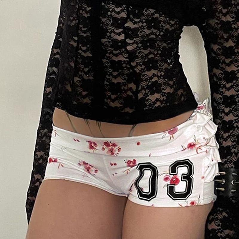 Low Waist Floral Print Numbering Print Ruffled Slim-Fit Mini Shorts Product Image