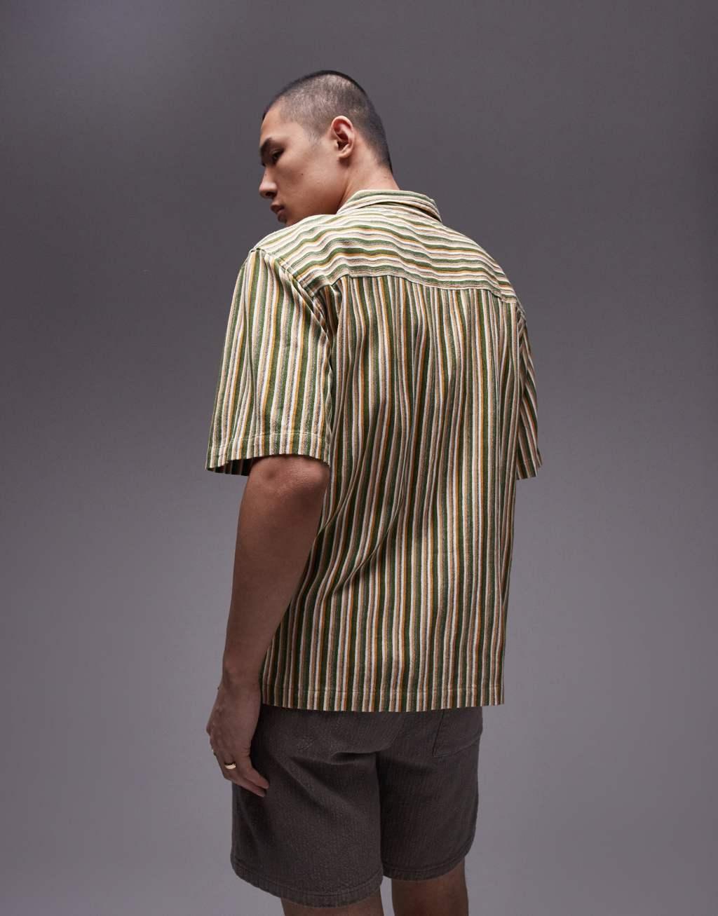 Topman short sleeve relaxed striped shirt in green and yellow Product Image