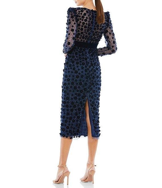 Mac Duggal Floral Print Embellished V-Neck Illusion Long Sleeve Midi Dress Product Image