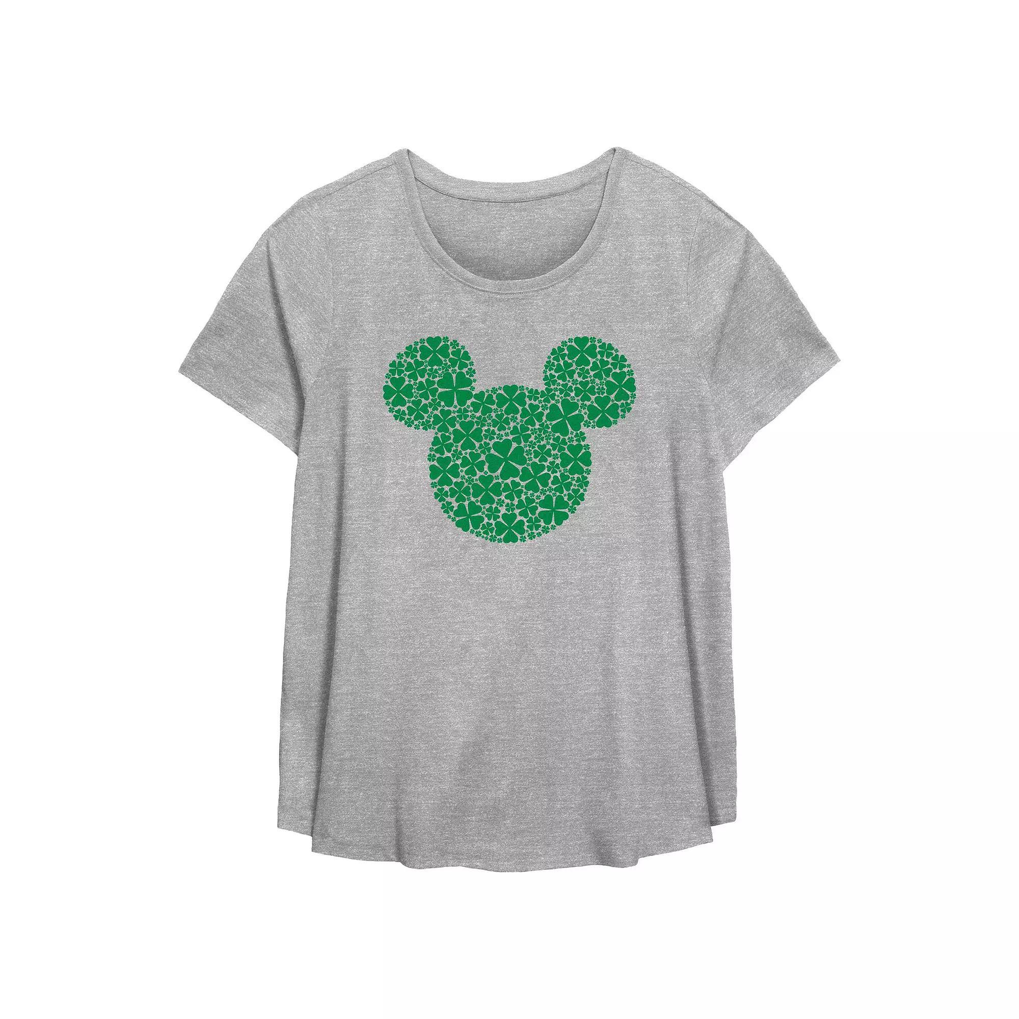 Disneys Mickey Mouse Shamrock Print Head Plus Size Flowy Graphic Tee, Womens Grey Gray Product Image
