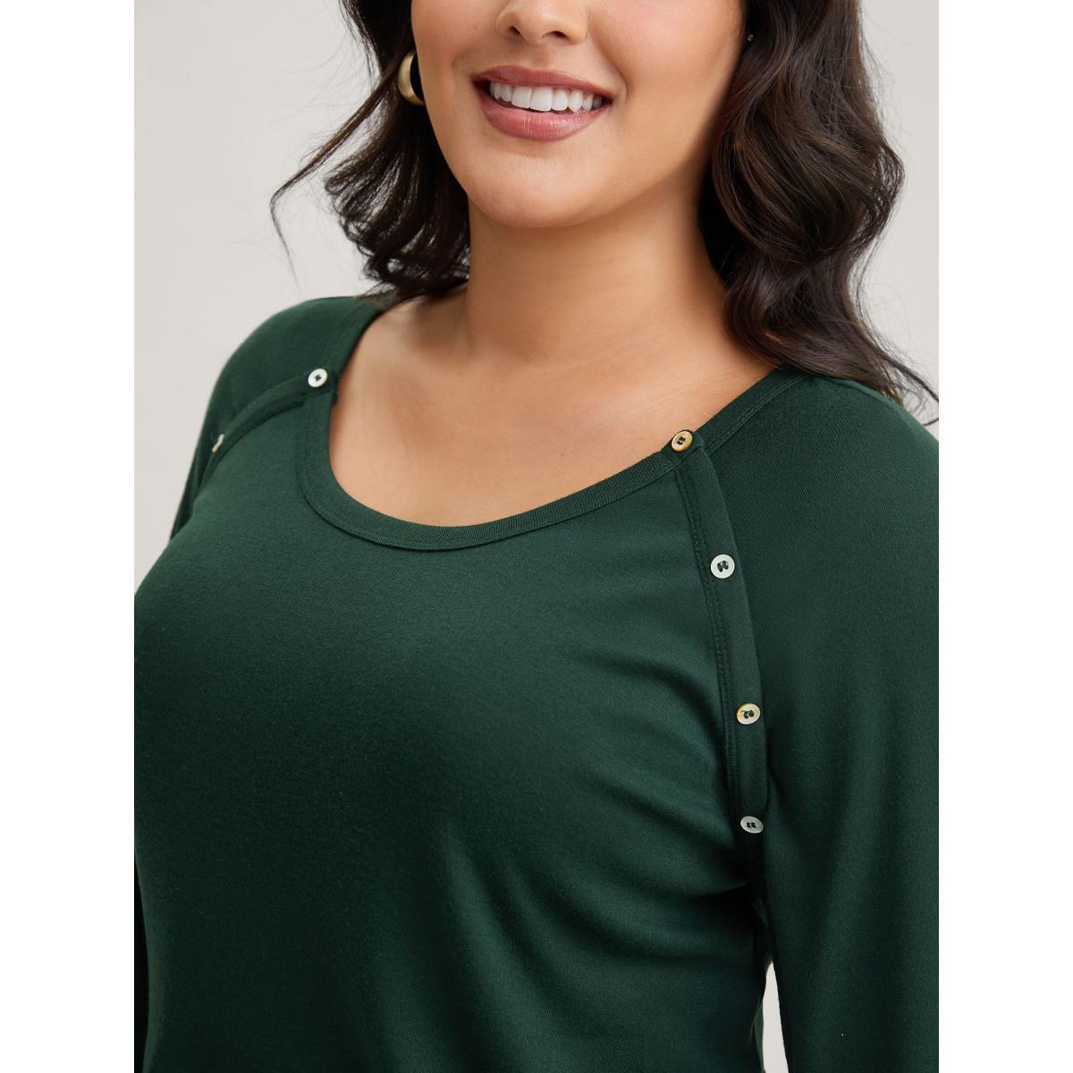Plus Size Plain Gathered Button Detail T-shirt DarkGreen Women Leisure Gathered Plain Round Neck Casual T-shirts BloomChic 30/6X Product Image
