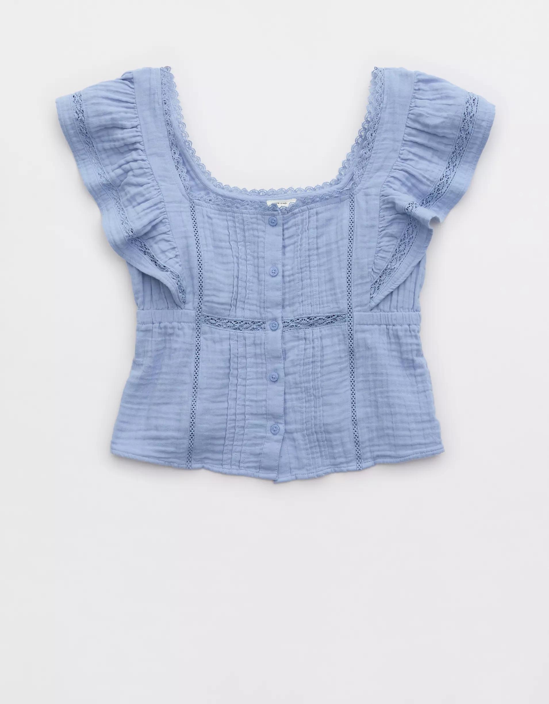 Aerie Button Front Ruffle Sleeve Top Product Image