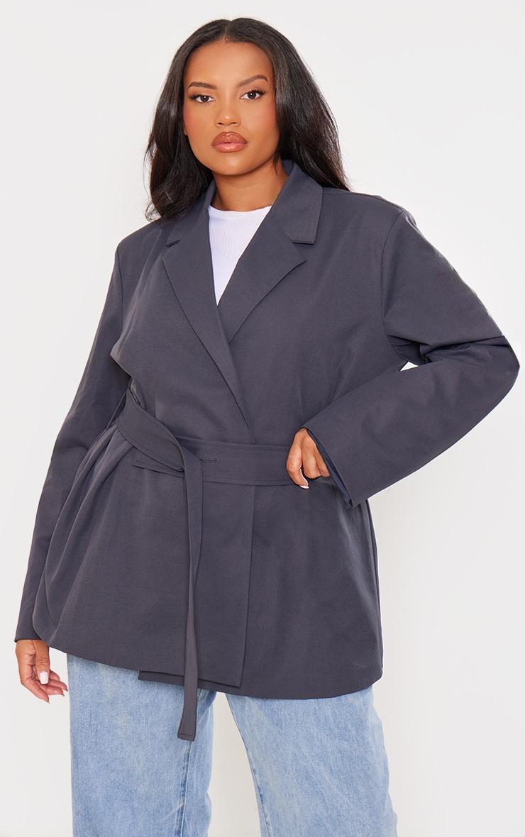 Plus Charcoal Wide Belted Waist Blazer Product Image