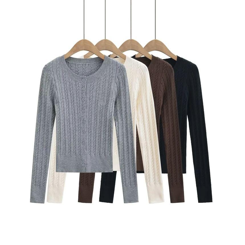 Round Neck Plain Cable Knit Cardigan Product Image