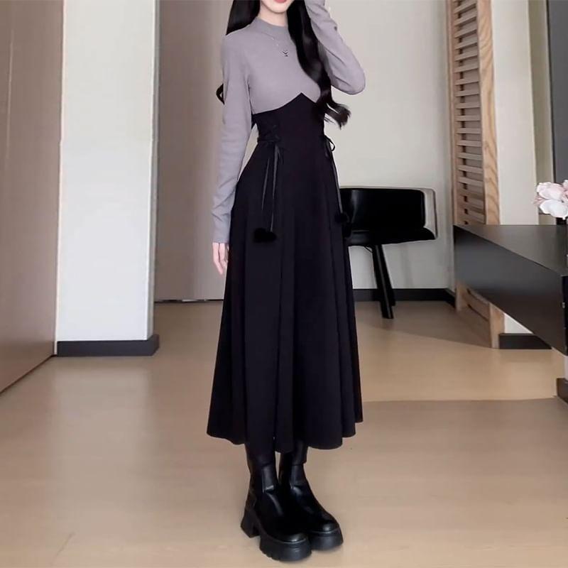 Mock Two-Piece Long-Sleeve Two Tone Midi A-Line Dress Product Image