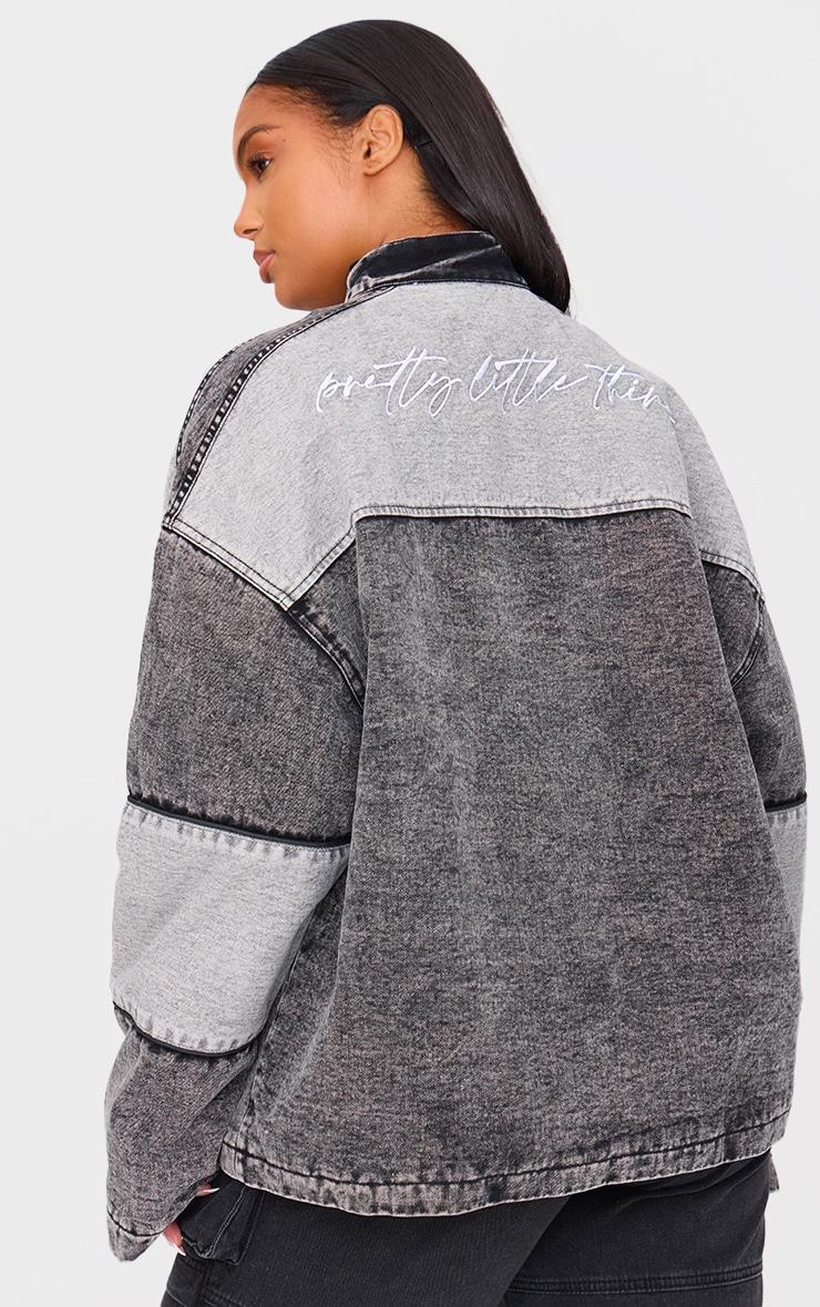 Plus Black Oversized Denim Varsity Bomber Jacket Product Image