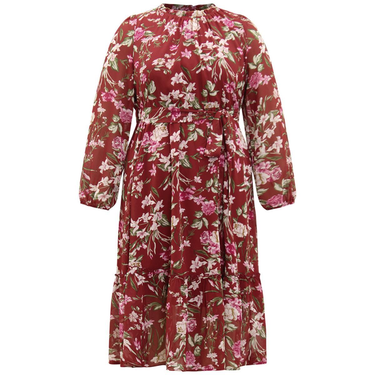 Plus Size Floral Print Belted Patchwork Gathered Dress Scarlet Women Elegant Elastic cuffs Round Neck Long Sleeve Curvy Midi Dress BloomChic 28/5X Product Image