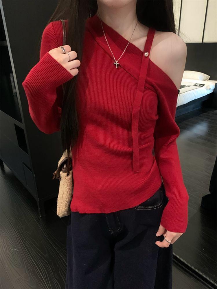 Long-Sleeve Asymmetrical Neck Cold-Shoulder Plain Ribbed Knit Top Product Image