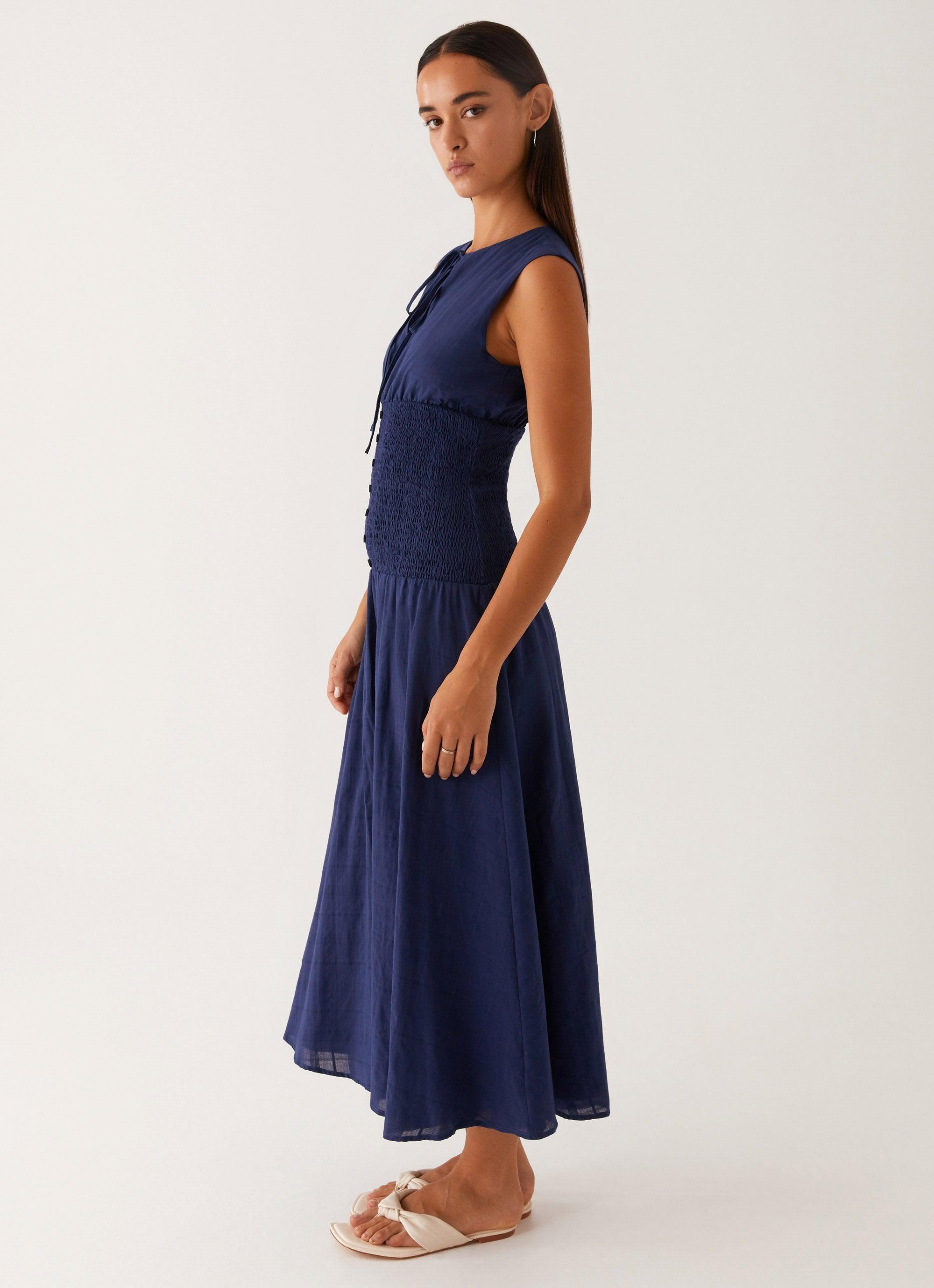 Belle Shirred Waist Midi Dress - Navy Product Image