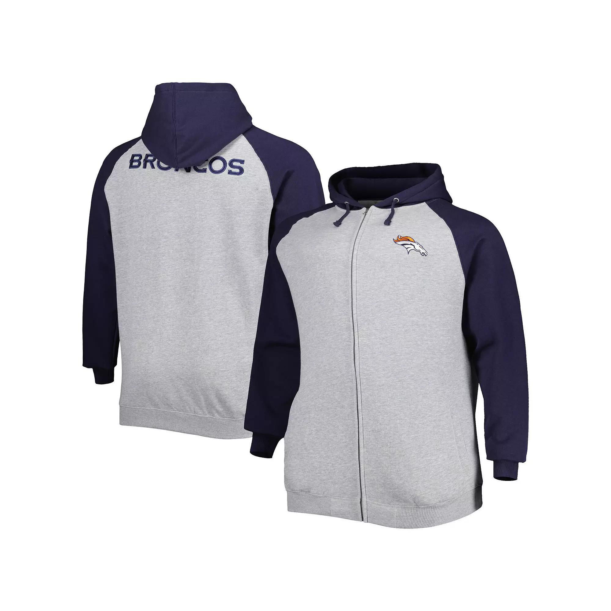 Men's Heather Gray Denver Broncos Big & Tall Fleece Raglan Full-Zip Hoodie Jacket, Size: 4XLT, Grey Product Image