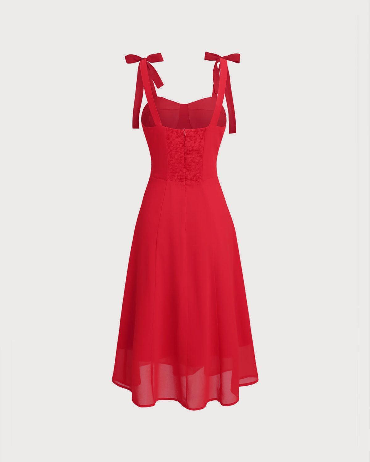 Red Sweetheart Neck Tie Strap Midi Dress Product Image