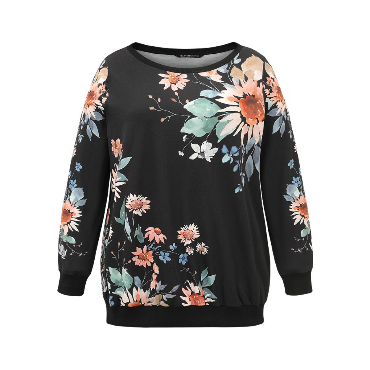 Plus Size Floral Print Round Neck Sweatshirt Women Black Casual Elastic cuffs Round Neck Dailywear Sweatshirts BloomChic 14-16/1X Product Image