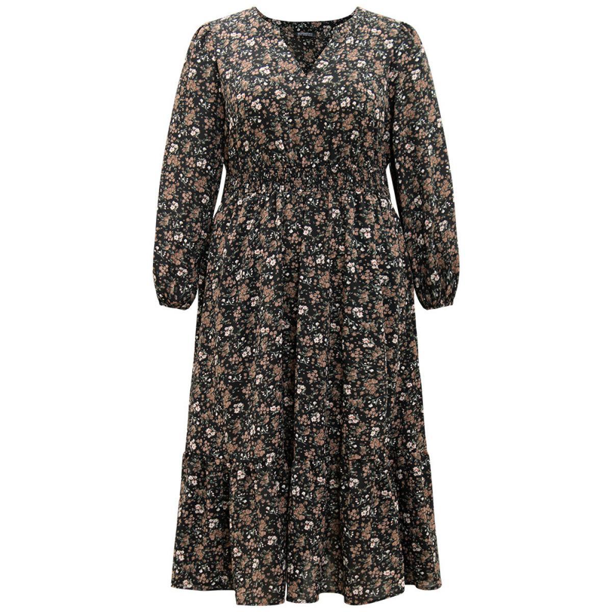 Plus Size Ditsy Floral Notched Flutter Hem Dress Black Women Elegant Elastic cuffs Notched collar Long Sleeve Curvy Midi Dress BloomChic 14-16/1X Product Image