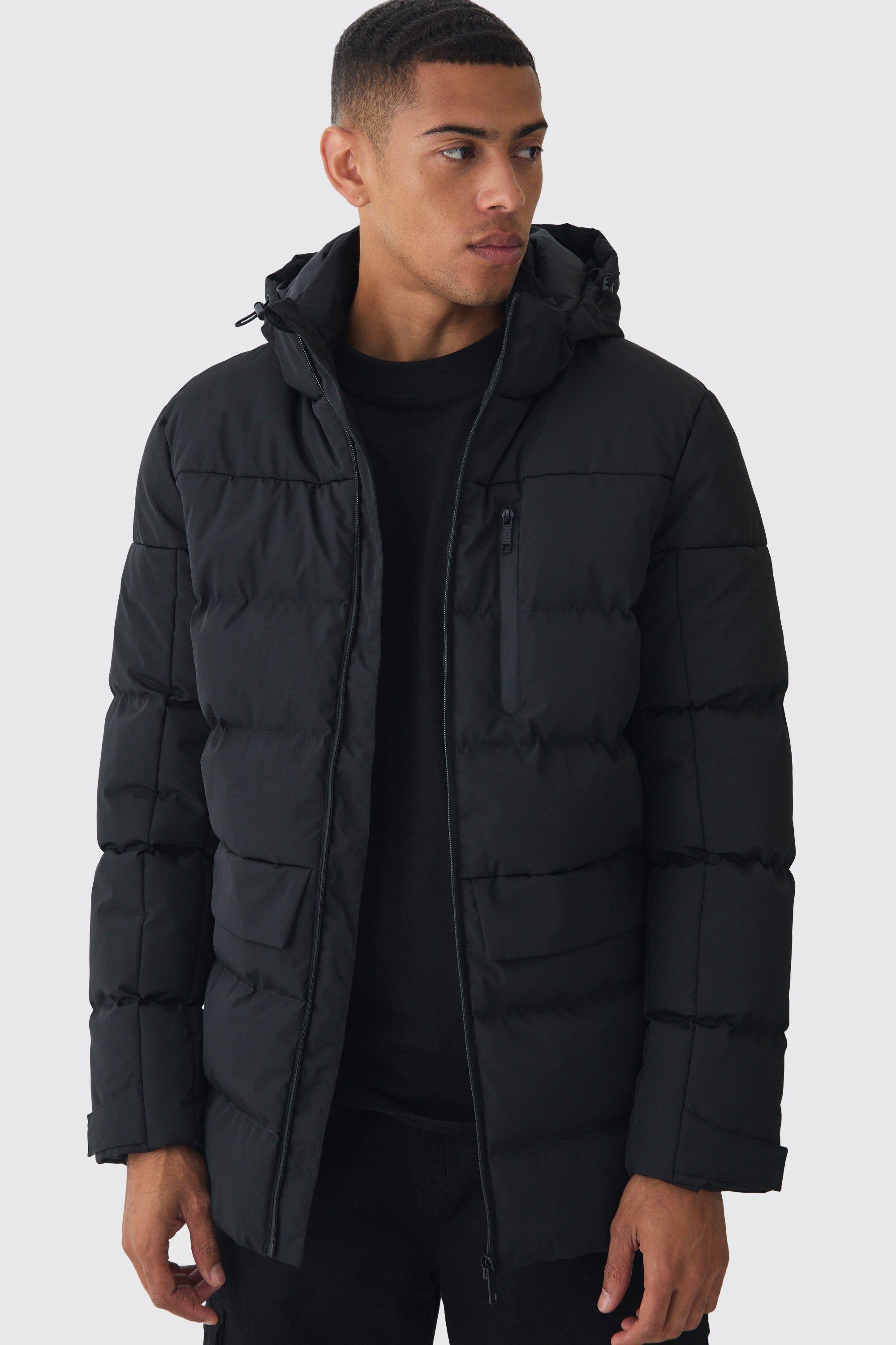 Mens Mid Length Hooded Puffer In Black, Black Product Image