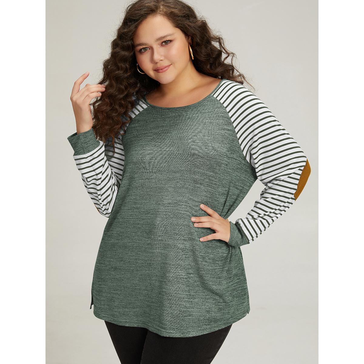 Plus Size Striped Raglan Sleeve Patched Split Side T-shirt Green Women Casual Contrast Striped Round Neck Dailywear T-shirts BloomChic 18-20/2X Product Image