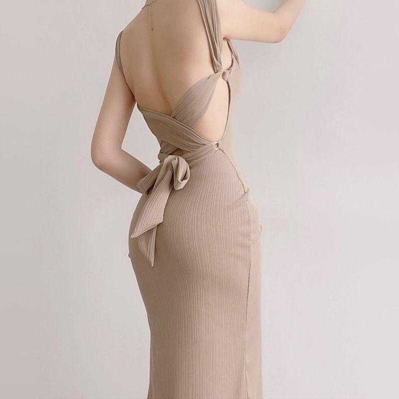 Spaghetti Strap Backless Maxi Bodycon Dress Product Image