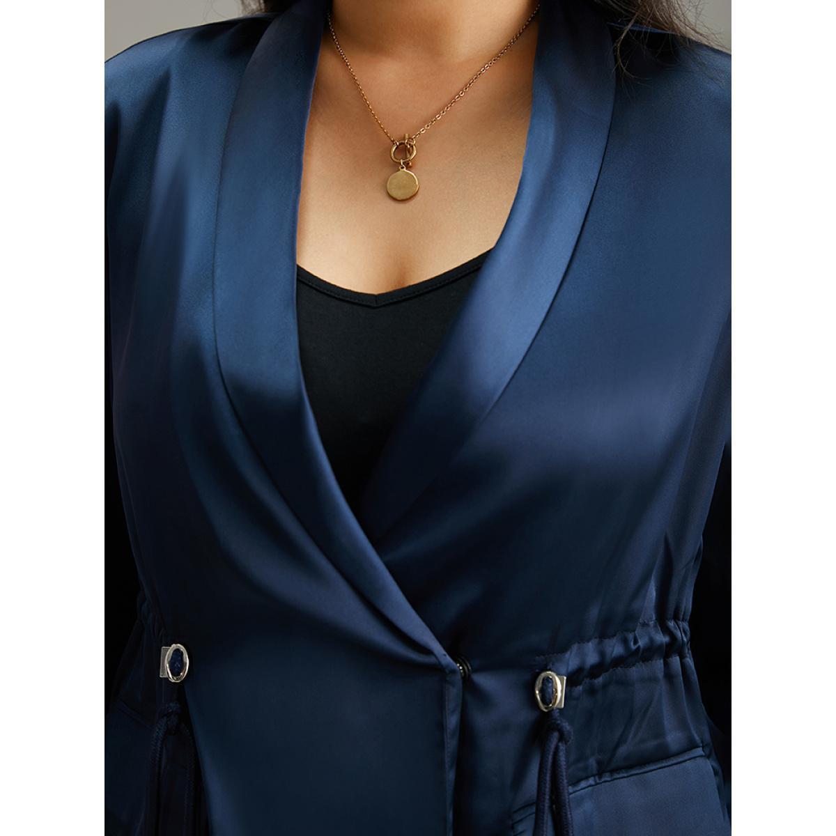 Plus Size Suit Collar Flap Pocket Drawstring Ties Blazer DarkBlue Women Office Plain Plain Sleeve Long Sleeve Suit Collar 22-24/3X Pocket Work From Home Blazers BloomChic Product Image