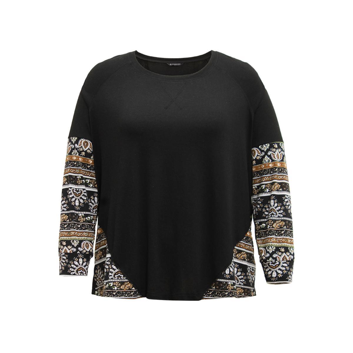 Plus Size Bandana Print Patchwork Raglan Sleeve T-shirt Black Women Casual Contrast Bohemian Print Round Neck Dailywear T-shirts BloomChic 14-16/1X Product Image