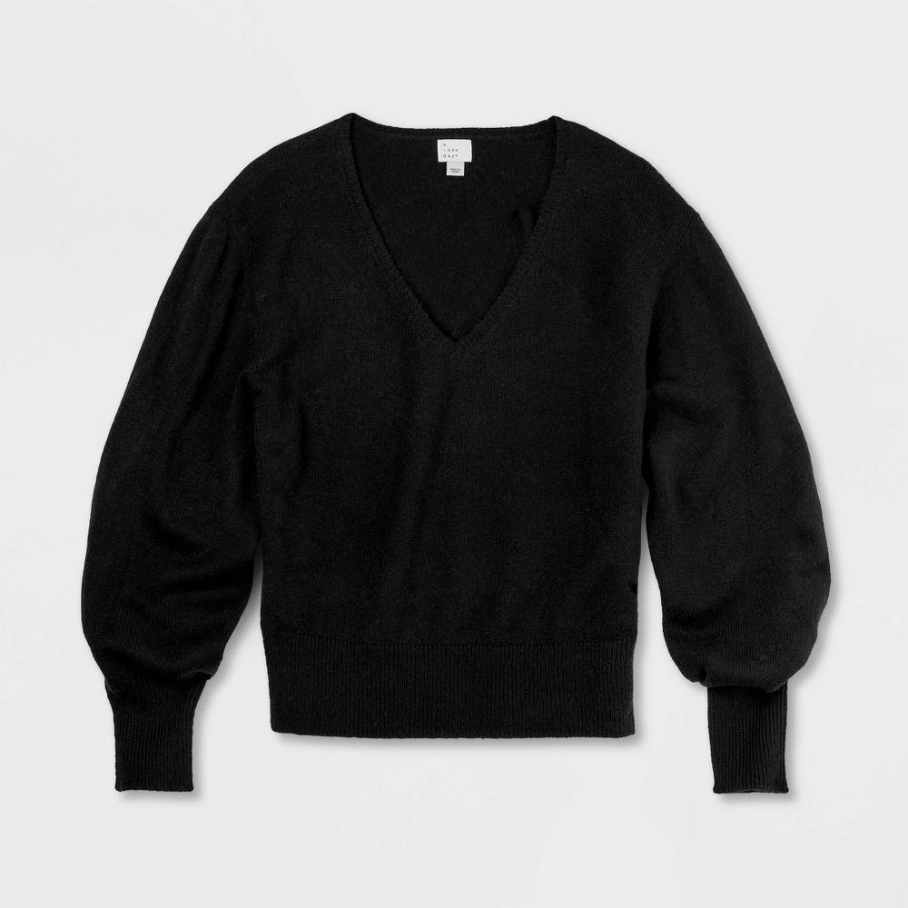 Womens Cozy Knit V-Neck Pullover Sweater - A New Day Black M Product Image