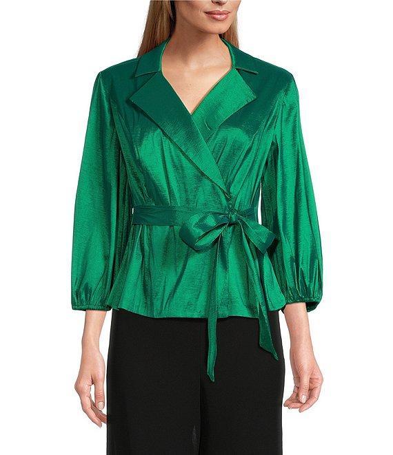 Alex Evenings Stretch Taffeta Collared V-Neck 3/4 Balloon Sleeve Tie Sash Wrap Top Product Image
