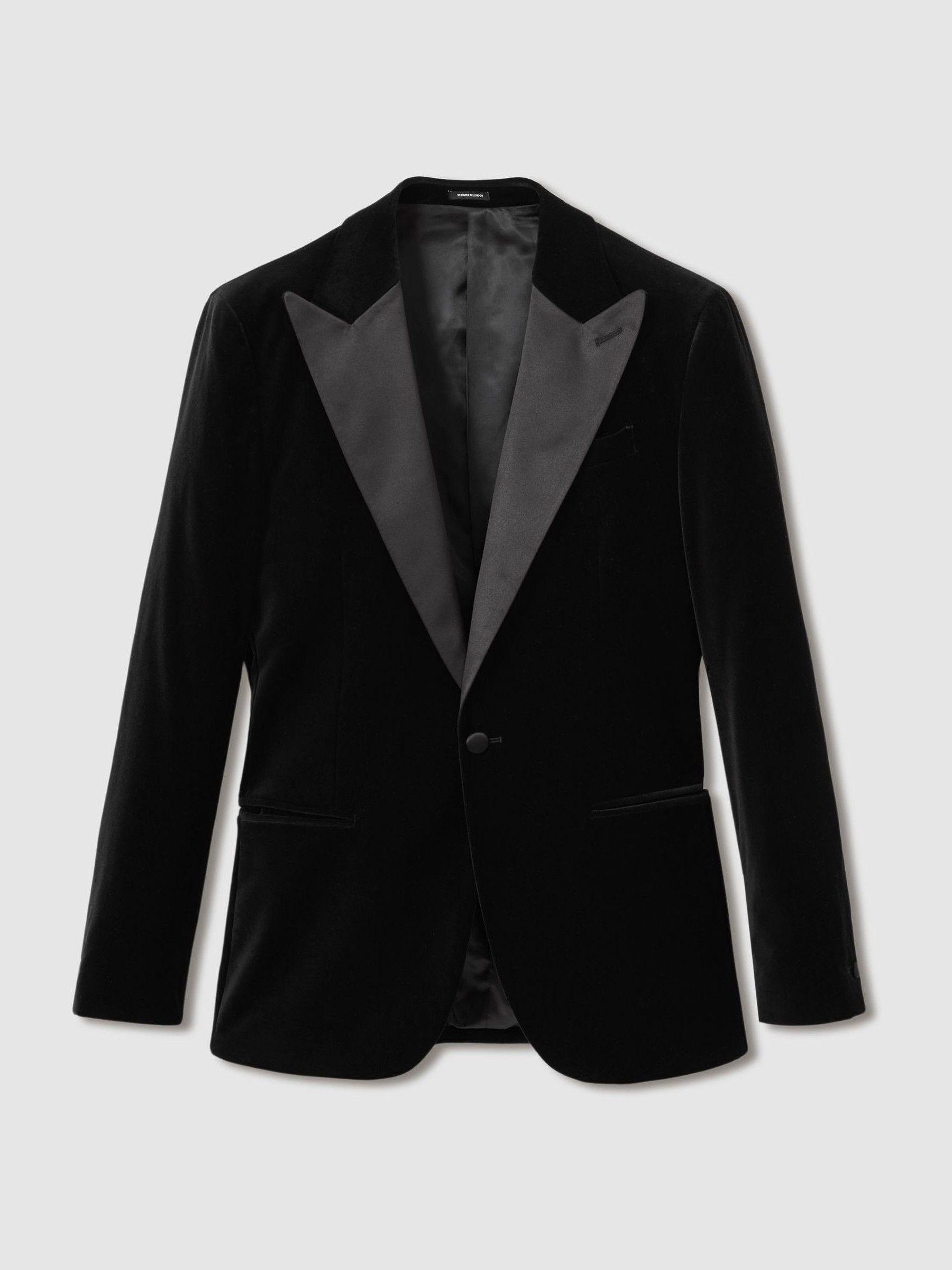 Velvet Single-Breasted Tuxedo Jacket in Black Product Image