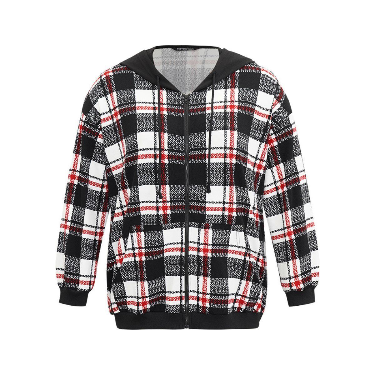 Plus Size Plaid Hooded Drawstring Zipper Sweatshirt Women Black Casual Elastic cuffs Hooded Dailywear Sweatshirts BloomChic 14-16/1X Product Image