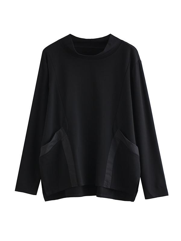 Casual Loose Long Sleeves Split-Joint Solid Color Stand Collar T-Shirts Tops Product Image