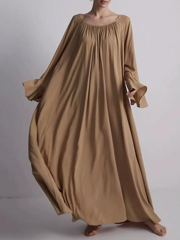 Flared Sleeves Loose Pleated Solid Color Split-Joint Round-Neck Maxi Dresses Product Image