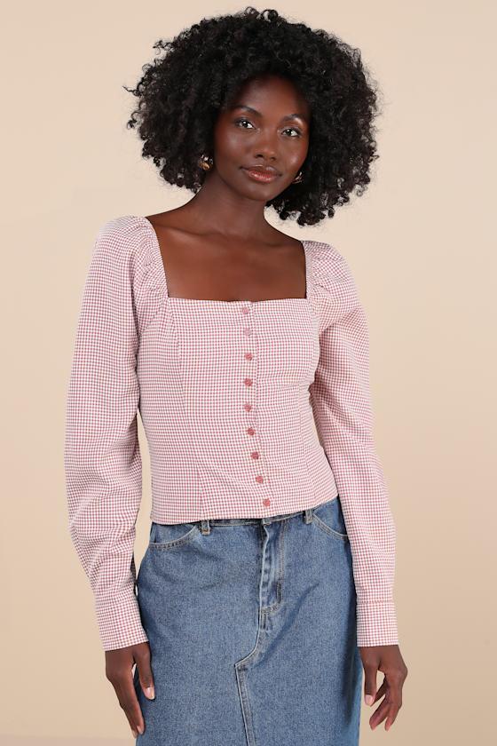 Demure and Sweet Terracotta Gingham Button-Front Long Sleeve Top Product Image