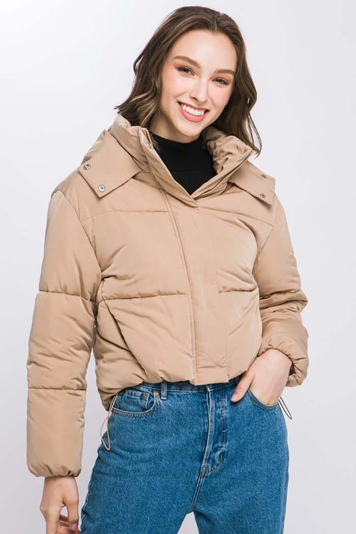 Hooded Puffer Jacket Snap Closure Product Image