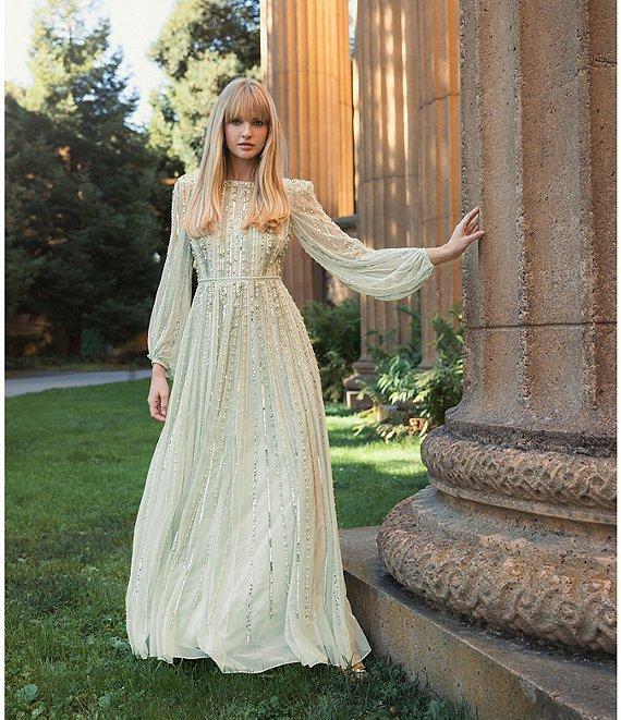 Mac Duggal Embellished Mesh Striped Beaded Boat Neck Long Sleeve Gown Product Image