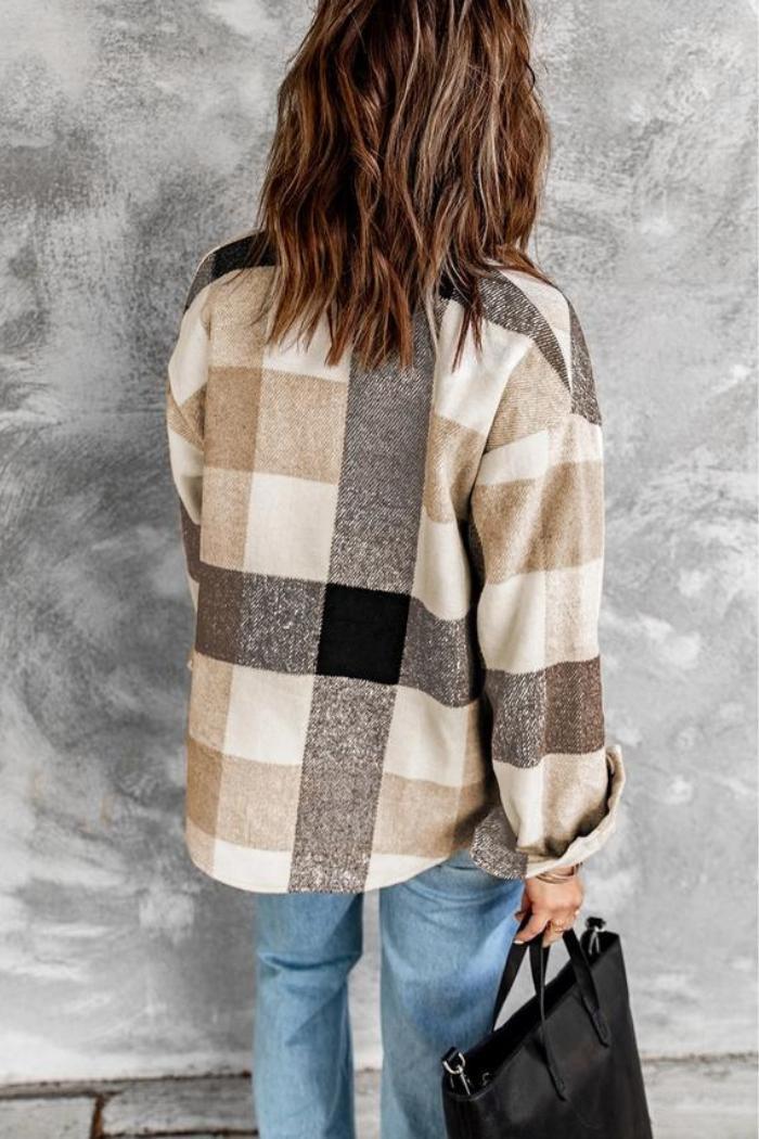 Plaid Color Block Buttoned Long Sleeve Jacket with Pocket Product Image