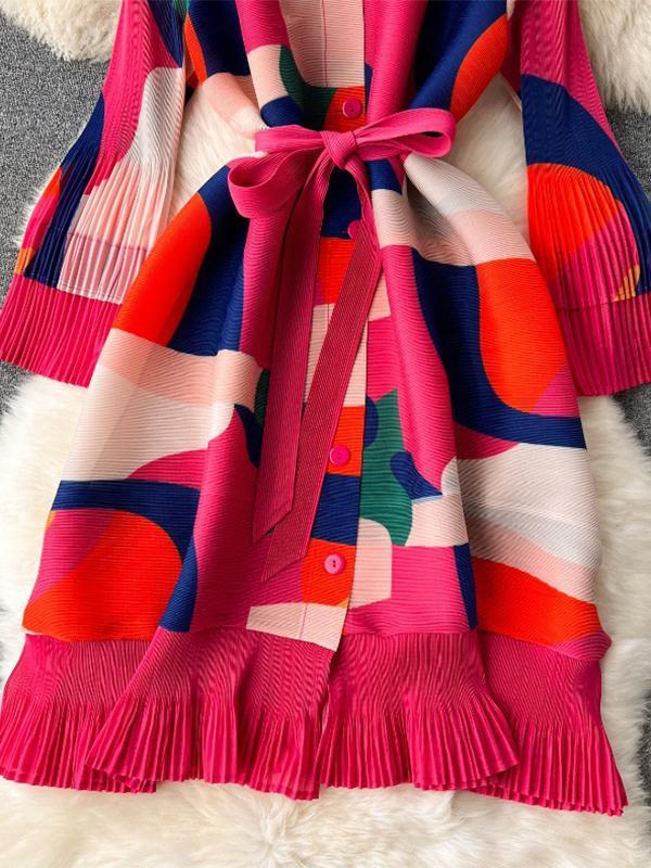 Flared Sleeves Loose Belted Contrast Color Pleated Midi Dresses Product Image